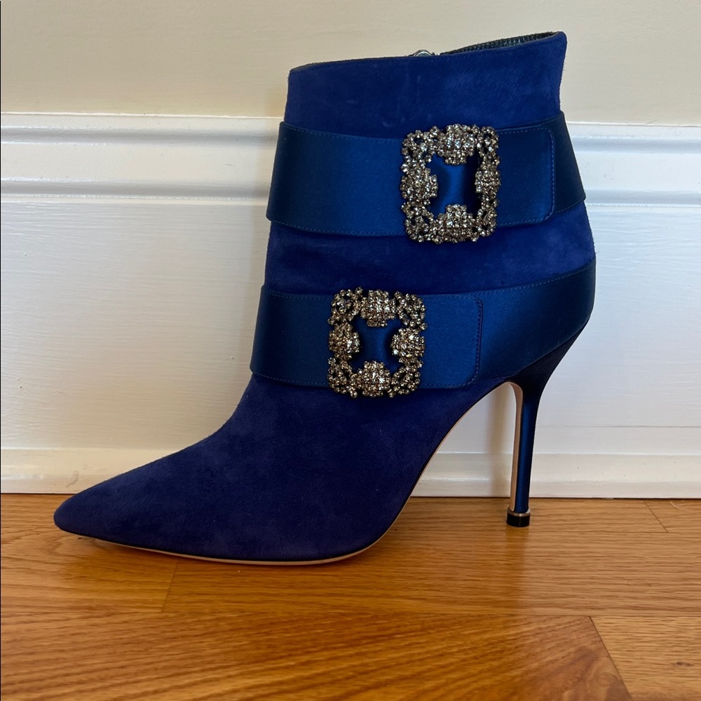 Manolo Blahnik Sapphire Ankle Boots with Crystal Buckles